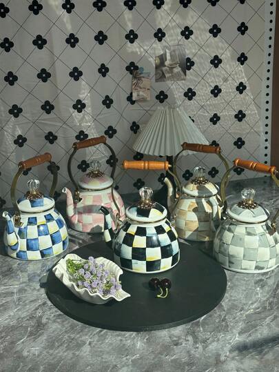 1pc Vintage Classic Plaid Wooden Handle Enamel Teapot, Cup, Large Capacity Straight Canister With Lid, Nordic Style Diamond Lid Large Capacity Kettle, Multipurpose High Temperature Resistant Kettle, Coffee Pot, Milk Tea Pot, Fruit Tea Pot, Unbreakable And Non-Stick Oil Pot, Back To School Supplies