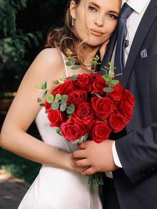 12 Pieces Artificial Silk Rose Flower Heads, Long Stem Artificial Silk Rose Bouquet - 3.5 Inch Large Flower Heads, Velvet Rose Real Touch, DIY Wedding Bouquet Bridal Shower Centerpiece Arrangement Party Table Decoration Valentine's Day And Mother's Day, Suitable For Home Wedding Party Decoration, Wedding Centerpiece, Fall Decoration, Valentine's Day, Gift, Birthday Gift, Graduation Ceremony - 紅色 - 查看 2
