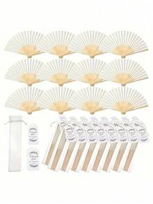 3/15/30pcs Elegant White Bamboo Folding Fan Set, Including Thank You Tags And Gift Bags, Suitable For Bridesmaid Gifts, Wedding Decorations, Parties And Events, Perfect Summer Accessory