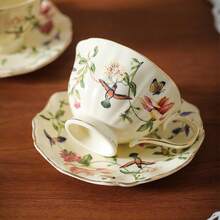 Fanquare Vintage Spring Style Tea Cup And Saucer Set, 8 Oz Porcelain Coffee Cup With Gold Trim, Flower And Bird Teacups For Women And Tea Parties - Bird and Flower - View 4