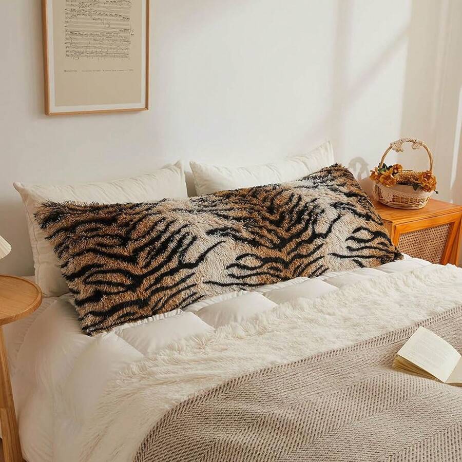 20x54 Fluffy Cheetah Print Body Pillow Cover, Leopard Print Plush Fuzzy Pillowcase With Zipper, Farmhouse Shaggy Long Pillow Cover Women Side Sleepers, Pink - 虎紋棕色 - 查看 1