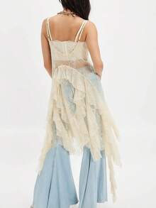 Women Lace Cami Tops Summer Flowers Boho Sheer Button Front Long Ruffle Hem Tops Sleeveless Mesh  Shirt - 白色 - 查看 5
