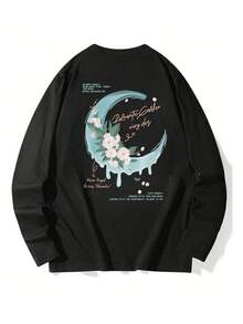 Women's Moon Pattern Print Long Sleeve Round Neck T-Shirt, Casual Loose Fit Versatile Black Top, Autumn - Black - View 6