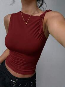 女式不对称领口系带纯色背心