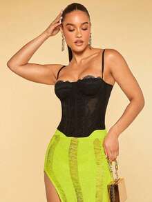 Women's Cropped Corset Top With Lace-Up And Spaghetti Straps, Shapewear For Parties And Nightclubs, Sleeveless Punk Jacket, Cosplay Costume, Cropped Bustier With Tight Fit And Lace, Sexy Corset Tank Top In Tight Mesh. Waist Cinching And Figure Shaping - màu đen - Xem 4