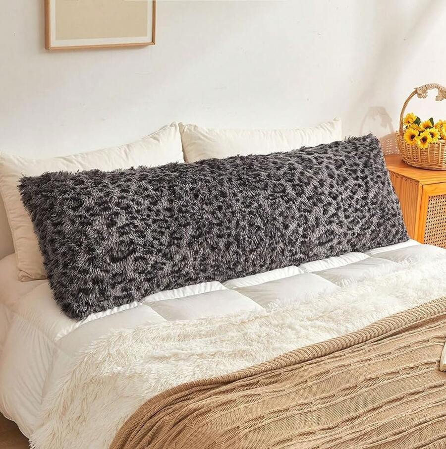 20x54 Fluffy Cheetah Print Body Pillow Cover, Leopard Print Plush Fuzzy Pillowcase With Zipper, Farmhouse Shaggy Long Pillow Cover Women Side Sleepers, Pink - 獵豹紋灰色 - 查看 1