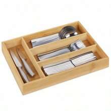 Bandeja para cubiertos de bambú: utensilios de cocina, cubertería, organizador de cajones para cubiertos, divisores, organizador para guardar y organizar cubiertos, cucharas, utensilios y aparatos. - 4 cuadrículas - Ver 10