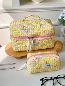 1 Peça/Conjunto Bolsa Cosmética Grande com Capacidade Multiuso, Padrão Xadrez Amarelo e Laço, Bolsa de Armazenamento de Viagem Portátil com Zíper, Adequada para Uso Doméstico, Viagem, Férias e Escola, Essenciais de Viagem, Essenciais de Cruzeiro, Essenciais de Deslocamento Diário, Presentes de Dama de Honra de Casamento, Presentes da Temporada de Volta às Aulas e Presentes de Feriados