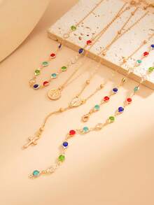Bộ 4 chiếc/Bộ dây chuyền mạ vàng 14k nhiều lớp đính hạt thánh giá và Đức Mẹ Đồng Trinh, thích hợp cho kỳ nghỉ, cầu nguyện, lễ rửa tội - Phong cách 12 - Xem 8