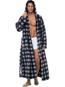Mens Robe With Hood, Plush Fleece Hooded Mens Bathrobe, Big And Tall Bath Robe For Menhalloween - Gray Buffalo Check - View 9