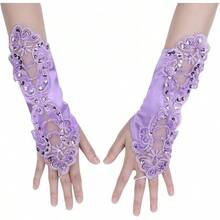 Lace Floral Gloves Fingerless Bridal With Sequin Women Satin Handwear For Wedding Prom Party Vintage Elegant Banquet Performance Ball Mittens Youth Stretchy Short Costume Arm Sleeve, Pink - Màu tím - Xem 1