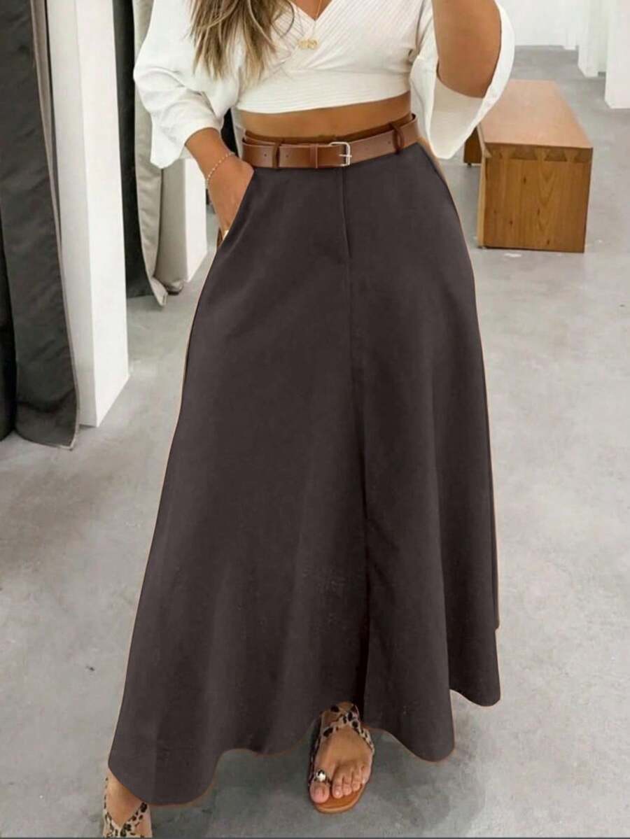Solid Color High Waist Skirt With Pockets On Both Sides And Wide Hem - Grey - View 1