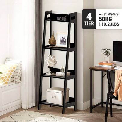 SUN YEE Bookshelf 4 Tier Corner Ladder Shelf Home Storage Display Rack Black