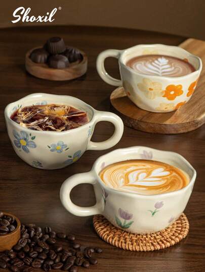 shoxil 1 Juego de tazas y platillos de café de cerámica con diseño floral, que incluye tazas con patrones florales, tazas, tazas de té, tazas y platillos de cerámica pintados a mano, adecuados para regalos festivos, hogar, té de la tarde, patio