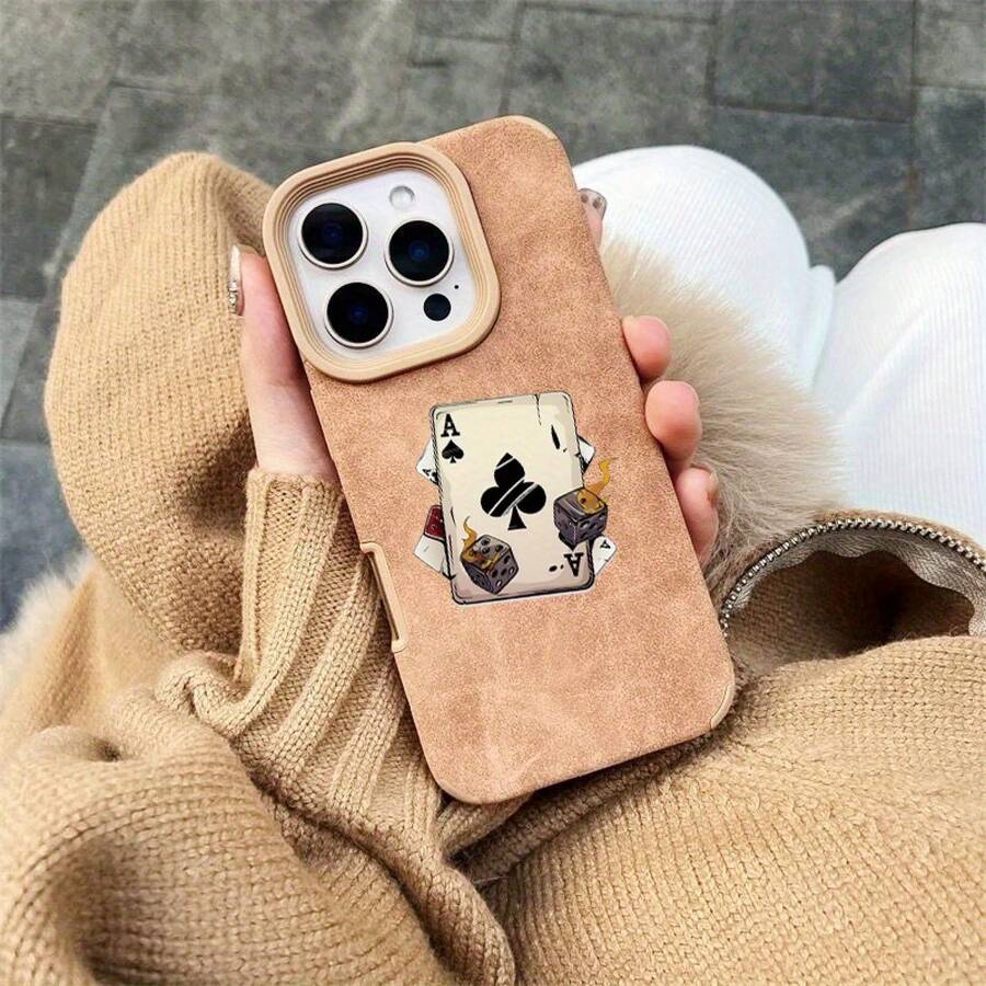 Funda para móvil con diseño de carta de póker (1 unidad). Ideal para invierno y otoño. Compatible con phone 16 Pro Max, 16 Plus, 15 Pro, 14, 13, 12 y 11. Funda de piel sintética. Diseño sencillo. Protección completa para hombre y mujer. Resistente a caídas. - Marrón claro-1 - Ver 1
