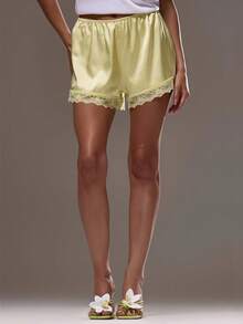 Women Lounge Shorts, Elastic Waist Lace Patchwork Loose Pajamas Shorts Sleepwear - Màu vàng - Xem 1