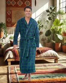 Mens Robe With Hood, Plush Fleece Hooded Mens Bathrobe, Big And Tall Bath Robe For Menhalloween - Black Watch Tartan Plaid - View 9