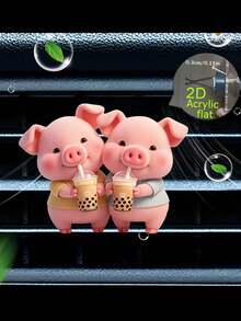 1pc Cute Piglet Drinking Bubble Tea Acrylic Car Air Vent Clip Fragrance Diffuser, Car Air Freshener Vent Clip, Car Interior Decor - Multicolor - View 5