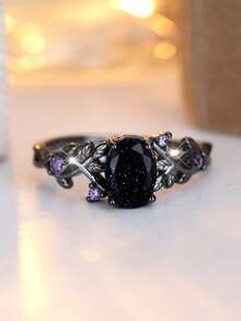 1pc Vintage Dark Color Inlaid Blue Sand Oval Cut Vine Design Ring, Suitable For Daily Wear And Special Occasions, Fashionable And Exquisite Design, Halloween Decor - màu đen - Xem 10