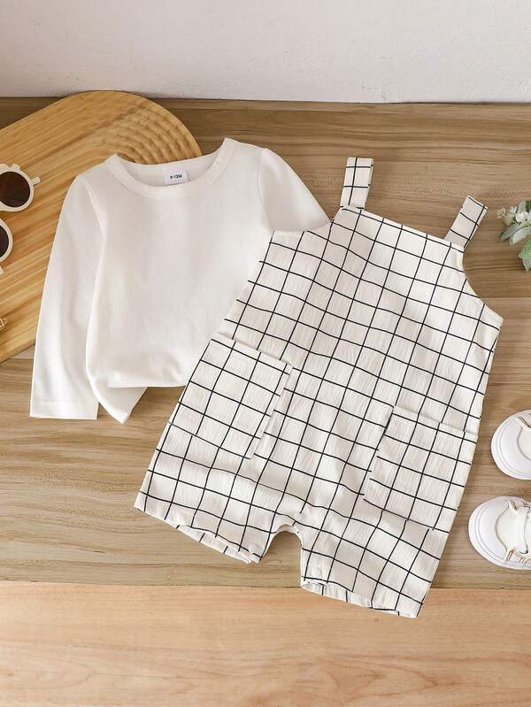2 Stücke Set Baby Jungen Mode süßer karierter Jumpsuit und rein weißes langärmeliges T-Shirt Set, lässiger Urlaubsstil Baby Jungen Kleidung, weiches und bequemes langärmeliges T-Shirt und modischer Hosenträger Jumpsuit, geeignet für Frühlings- und Sommerausflüge, Familienurlaube, Partys und den täglichen Gebrauch Zuhause