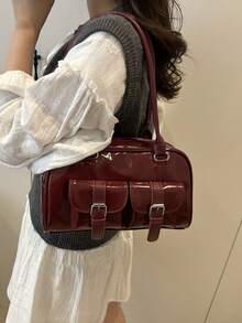1 buah Tas Tote Minimalis Vintage dengan Resleting, Dilengkapi Kantong dan Dua Pegangan, Cocok untuk Penggunaan Sehari-hari Wanita, Baik untuk Aktivitas Kasual maupun Komuter. - Burgundy - View 8