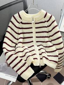 JIANHU Red & Burgundy Striped Knit Cardigan - Full Zip Up Sweater With Ribbed Cuffs And Pockets, Suitable For Christmas Markets And Casual Office Wear, Autumn/Winter - Red - View 5