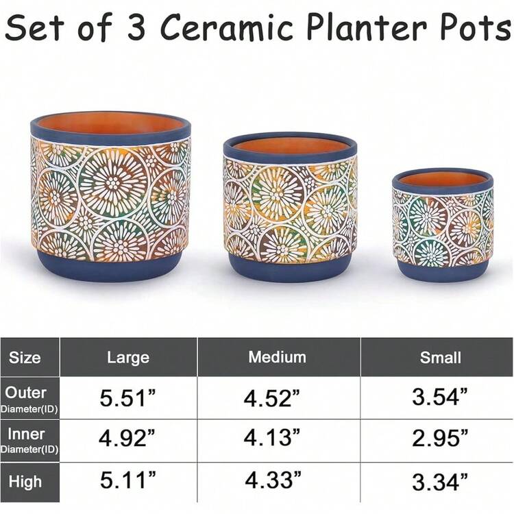 3 Piece Ceramic Plant Pots Indoor Pots Set With Drainage Holes, 5.7/4.7/3.5/Inch, Modern Decorative Pots Outdoor Plants Lilies, Cacti, Succulents, Snakes, And Bamboo (Blue) - Blue,red - 查看 4
