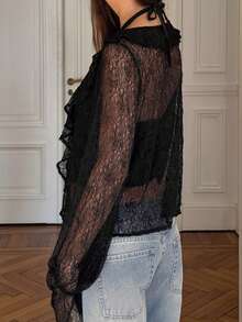 Women's Lace Ruffled Tops Fashionable Solid Color Flared Long Sleeve Tie Front Blouse - Black - View 6