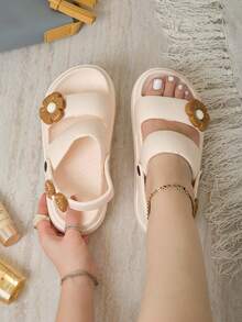 Sandalias de mujer, chanclas con plataforma, pantuflas cómodas, estilo chunky de esponja - Beige/Flor - Ver 1