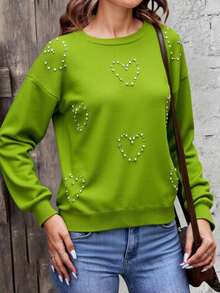 Jersey Holgado Cuello Redondo Manga Larga Aplicaciones Brillos En forma de Corazon Sueter - Verde - Ver 3