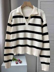 Este suéter informal de punto para mujer presenta cuello alto, diseño de media abertura, rayas contrastantes y mangas largas. Este elegante suéter holgado es sencillo y con estilo, perfecto para el día a día. Una prenda de manga larga ideal para otoño e invierno. - Blanco - Ver 6