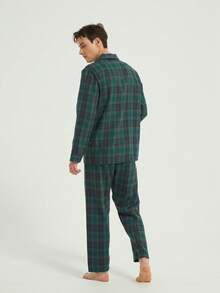 新款男士时尚休闲睡衣套装，长袖上衣和长裤，冬季服装 - 綠色 - 查看 4
