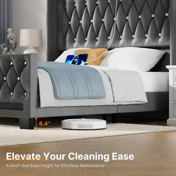 GREENSTELL Modern Platform Bed Frame ,Twin/Full/King/Queen Size Bed Frame With Upholstered High Headboard & Footboard, Heavy Duty Wood Slats ,With LED Lights & USB Charging Station ,Easy Assembly,Bedroom - Xám - Xem 5