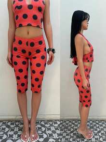 Women Ladybug Costume Cosplay Set Screen Printing Jumpsuit Halloween Accessories Ladybug Dress Up Set Halloween Cosplay Party Slim Fitted Halter Neck V-Hneck Crop Top + Shorts 2 Pieces Set - 紅色 - 查看 5