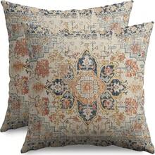 Sage Green Boho Throw Pillow Covers 18 X 18 Inch Pack Of 2, Bohemian Pattern Decorative Pillow Cases Vintage Outdoor Linen Farmhouse Cushion Covers Bedroom Home Sofa Decor, Decor - 海軍藍橙色波西米亞風 - 查看 9