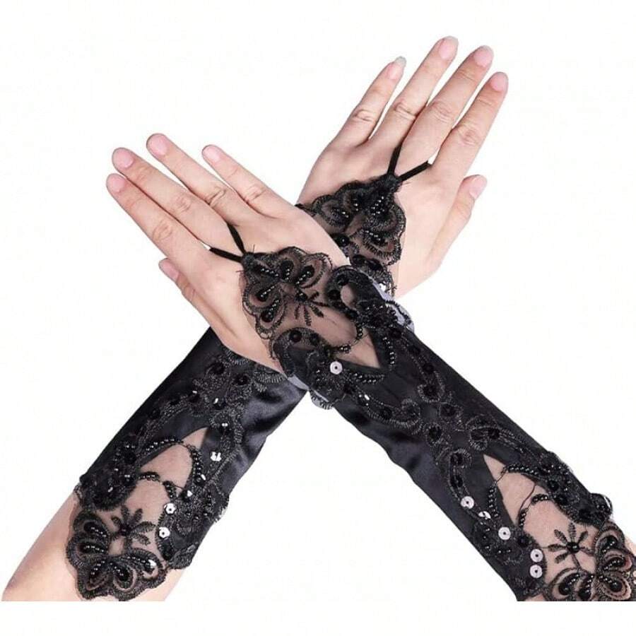 Lace Floral Gloves Fingerless Bridal With Sequin Women Satin Handwear For Wedding Prom Party Vintage Elegant Banquet Performance Ball Mittens Youth Stretchy Short Costume Arm Sleeve, Pink - màu đen - Xem 1