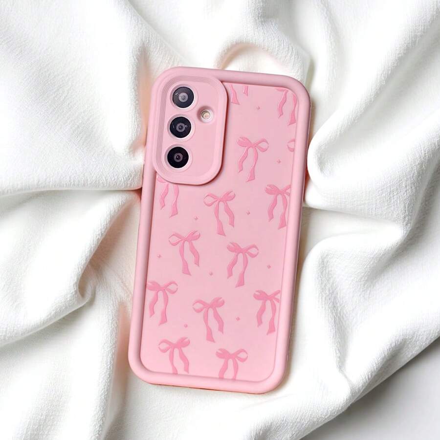 Cute Pink Bowknot Element Fashion Phone Case 1pc Cute Star & Bowknot Design Soft Phone Case, Powder Pink Shockproof Protective Cover For Compatible With OPPO/Compatible With VIVO/Compatible With Honor/Compatible With Apple/Compatible With REALME/Transsion/ Phones Waterproof Anti-Fall Scratch Resistant, International Version, Not The Domestic Version Spring
