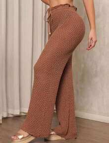 Women's Crochet Knit Beach Cover-Up Pants Plain Summer Fashion Simple Pantaloons Sexy Knitted Knit Summer Beach Pants - 軍綠色 - 查看 3