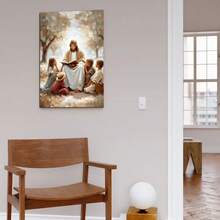 1pc, Framed Wall Art, Jesus With Children Reading Bible, Detailed Depiction Of Jesus Sitting Outdoors Surrounded By Children, Reading From A Book Under A Tree With Soft Light Filtering Through Leaves, Canvas Wall Art For Living Room, Bedroom, Bathroom, Study Room, Dining Room, Office, Wooden Wall Art Decor, Ideal Gift - 彩色 - 查看 4