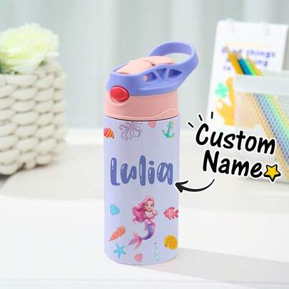 1 pièce Bouteille d'eau personnalisée pour la rentrée scolaire, tasse en acier inoxydable avec paille en silicone personnalisée avec un nom, 12oz - 350ml, thème licorne, papillon, espace, véhicule d'ingénierie, rose, vert, bleu, violet, 5 couleurs disponibles, tasse isotherme, couvercle isotherme anti-fuite personnalisé avec nom, tasse en acier inoxydable, bouteille en acier inoxydable, couvercle anti-déversement, multifonctionnel, ornemental, lettre, élégant, moderne, coloré, mignon, adorable, décontracté, personnalisé, personnalisé, unique, personnalisé, cadeau idéal pour lui, cadeau idéal pour elle