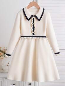 Girls' Collegiate Style Long Sleeve Sweater Dress, Elegant For Autumn/Winter - Apricot - View 1