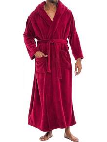 Mens Robe With Hood, Plush Fleece Hooded Mens Bathrobe, Big And Tall Bath Robe For Menhalloween - Burgundy - View 1
