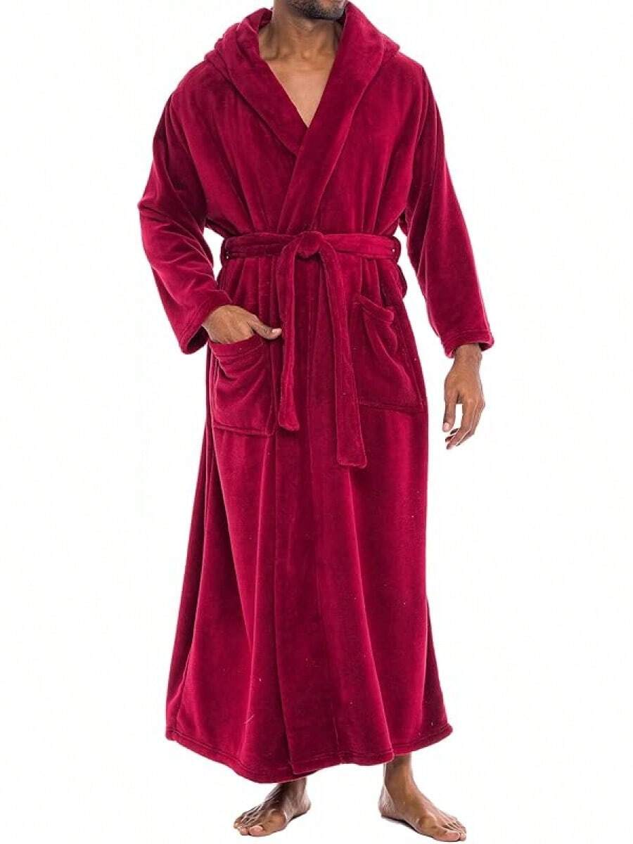 Mens Robe With Hood, Plush Fleece Hooded Mens Bathrobe, Big And Tall Bath Robe For Menhalloween - Burgundy - View 1