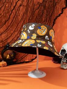 1 pièce Chapeau seau réversible pour femmes avec imprimé citrouille et crâne, mode, convient pour les fêtes d'Halloween, port décontracté quotidien - Citrouille imprimée - Voir 14