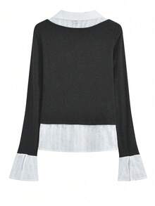 Women's Patchwork Elegant Fitted Flare Sleeve Shirt Collar Casual 2 In 1 Top - Dark Grey - View 4