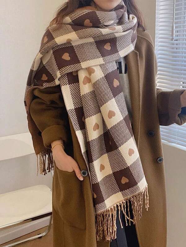 1 pezzo Sciarpa reversibile a quadri a forma di cuore, stile coreano, con nappe, sciarpa oversize calda e versatile, spessa sciarpa invernale da donna