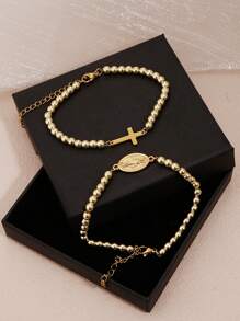 1pc Elegant Stainless Steel Cross And Golden Beads Bracelet With Virgin Mary Jewelry For Women And Men - Perfect Christmas Gift, Accessory, Or Everyday Wear Charm Great Gift/Cross Jewelry/Christian Gift Comes With Gift Box - 1PC - View 9