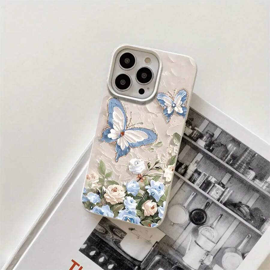 Fundas y carcasas protectoras con diseño de flores azules y orificios grandes, compatibles con phone 16 Pro, 16, 15 Pro, 14, 14 Plus, 14 Pro, 13, 13 Pro, 12 Pro y 11/11 Pro. Ideales para regalar en cumpleaños y celebraciones. - Blanco - Ver 1