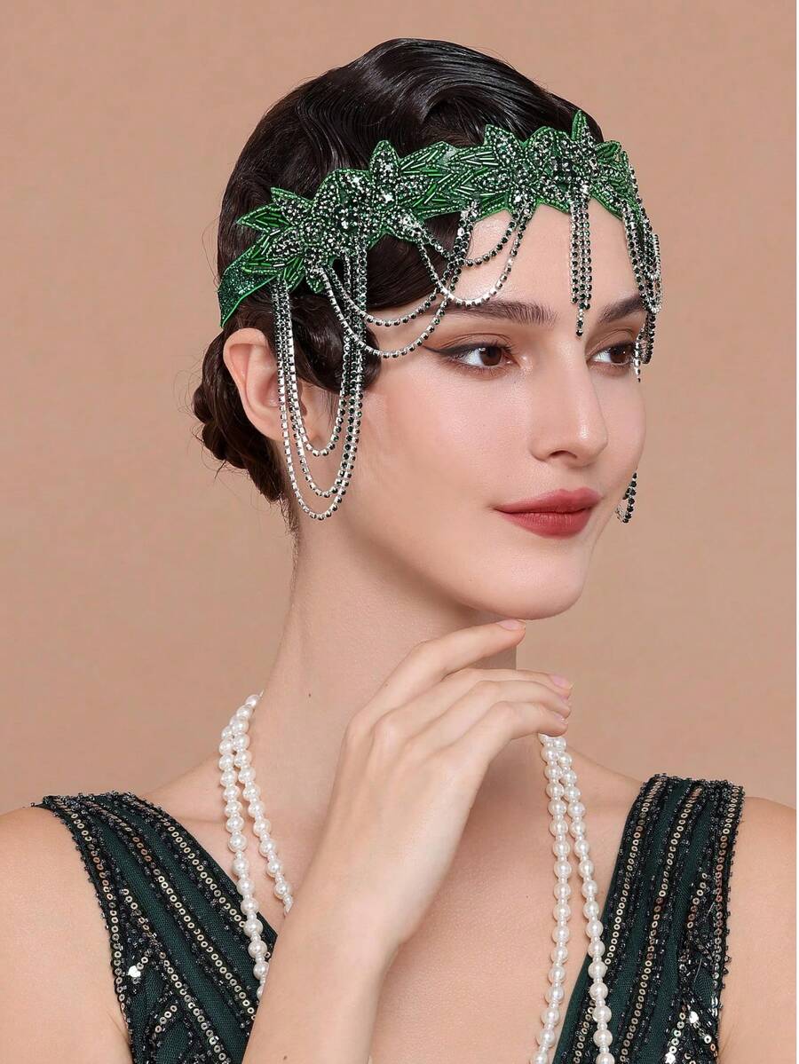 BABEYOND 1920s Flapper Headpiece Roaring 20s Headband Great Gatsby Headband Chain For Women Vintage Hair Accessory - 綠色 - 查看 1