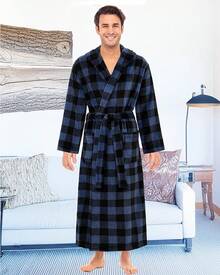 Mens Robe With Hood, Plush Fleece Hooded Mens Bathrobe, Big And Tall Bath Robe For Menhalloween - Blue Buffalo Check Plaid - View 8